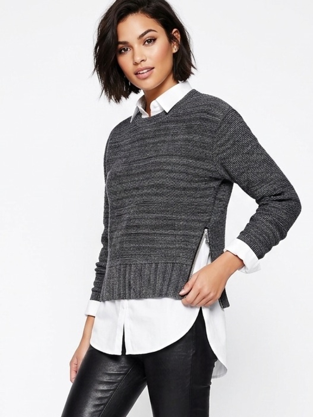 WILFRED| Gray Ribbed Crewneck Sweater with Side Zip Detail - sz XXS